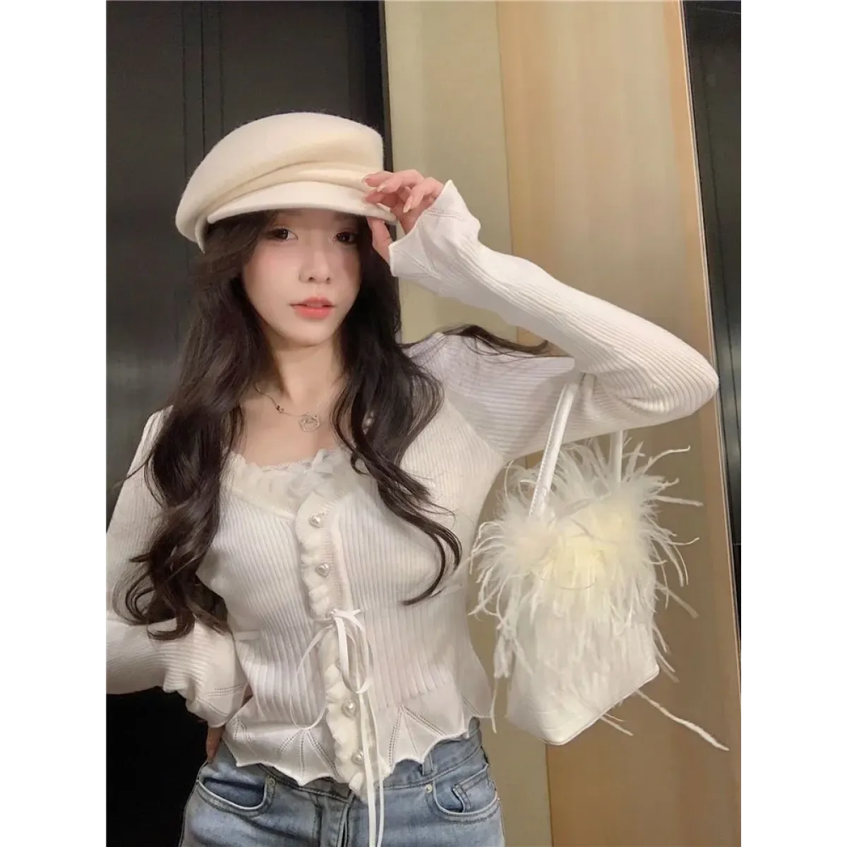 Ruffle Knit Cardigan – Harajuku Lace Trim Slim Fit Sweater