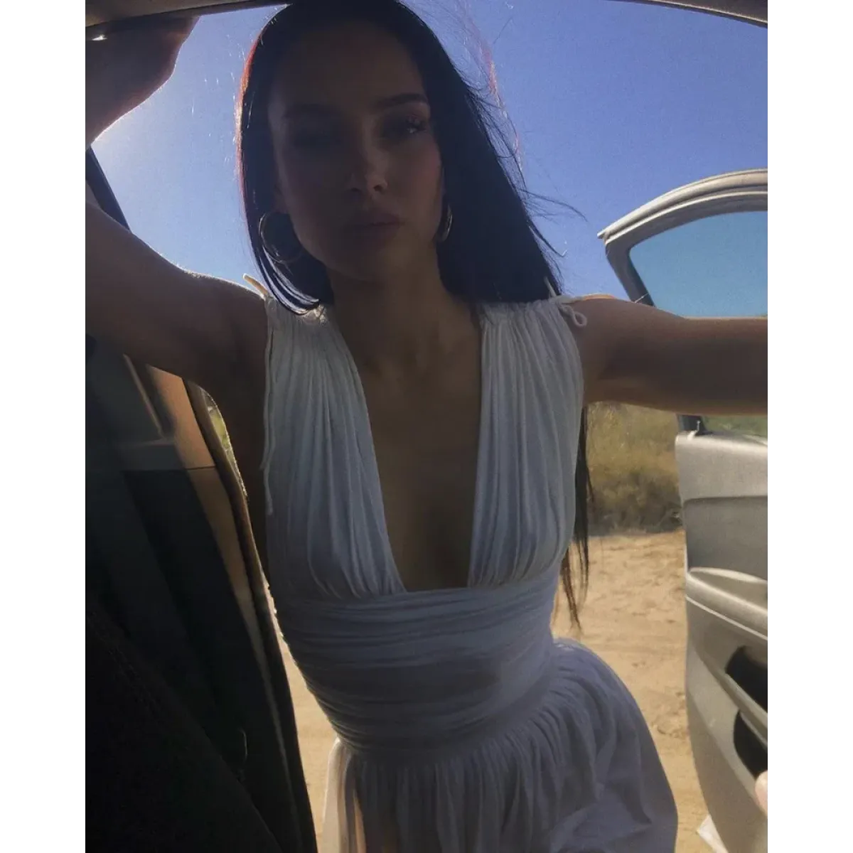 White Pleated Deep V-Neck Mini Dress