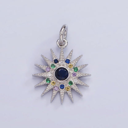 S925 Sterling Silver 13mm Sunburst Charm with Colorful Cz Stone | SL-480