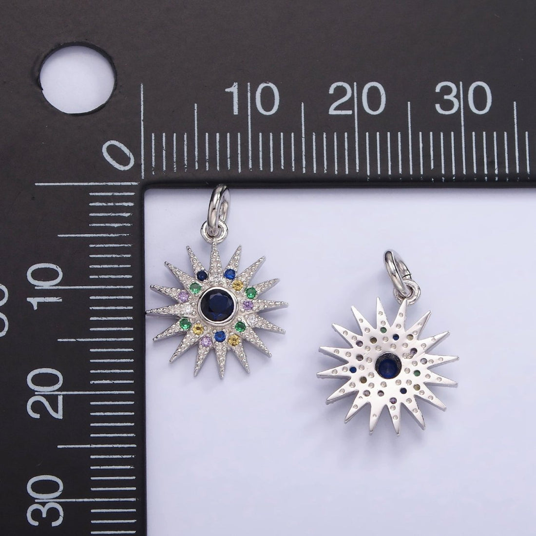 S925 Sterling Silver 13mm Sunburst Charm with Colorful Cz Stone | SL-480