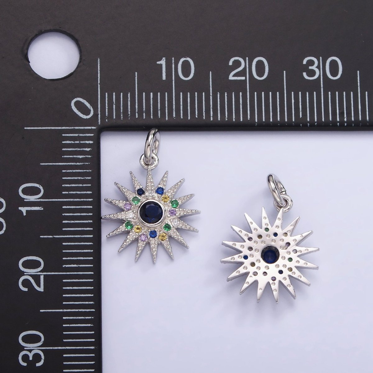 S925 Sterling Silver 13mm Sunburst Charm with Colorful Cz Stone | SL-480