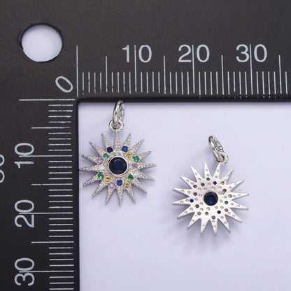 S925 Sterling Silver 13mm Sunburst Charm with Colorful Cz Stone | SL-480