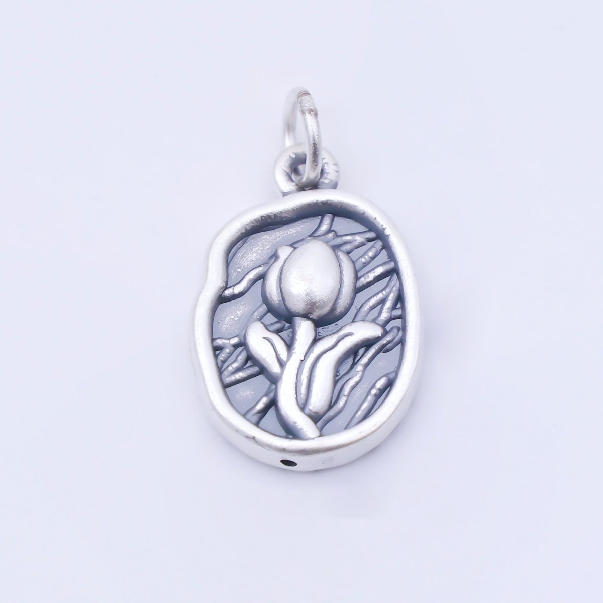 S925 Sterling Silver 20mm Rose Flower Textured Oval Charm | SL-703