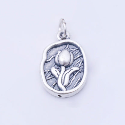 S925 Sterling Silver 20mm Rose Flower Textured Oval Charm | SL-703