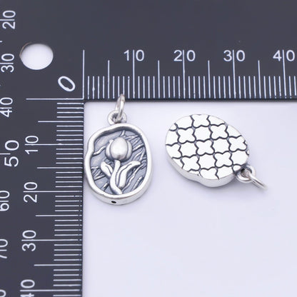 S925 Sterling Silver 20mm Rose Flower Textured Oval Charm | SL-703
