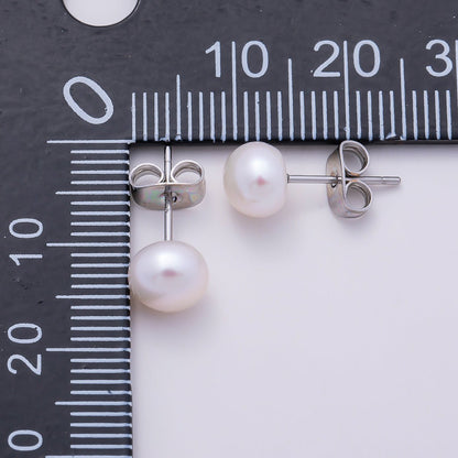 S925 Sterling Silver 7mm Shell Pearl Gemstone Stud Earrings | Earrings-00455