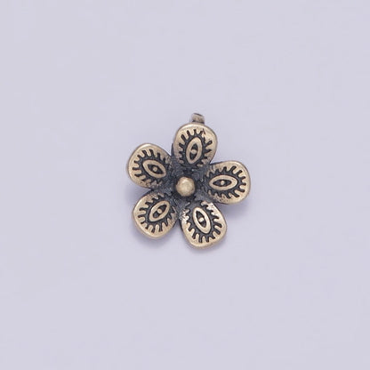 S925 Sterling Silver 9mm Evil Eye Engraved Flower Nature Back Loop Charms | SL-359