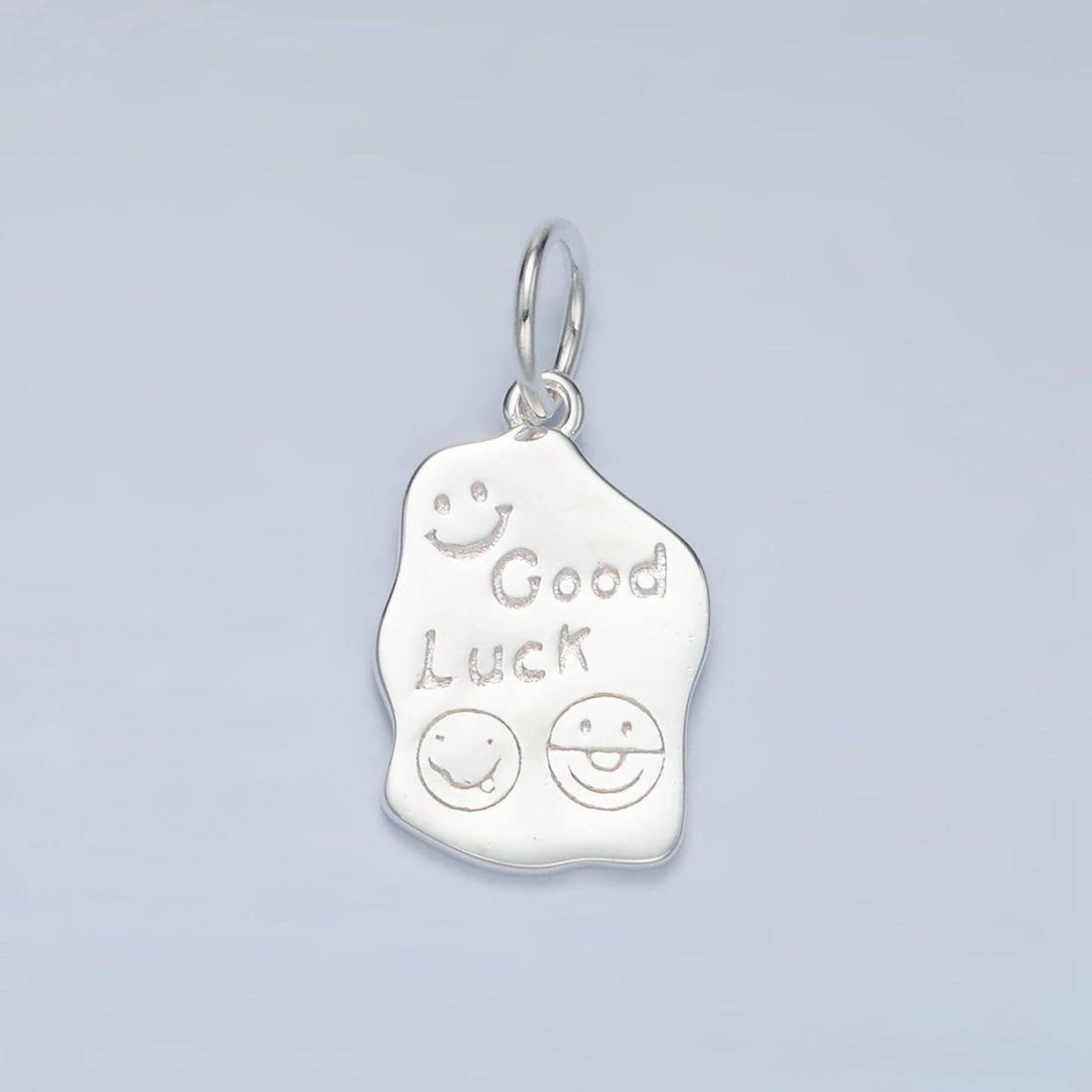S925 Sterling Silver "Good Luck" Smiley Face Script Abstract Tag Charm | SL-248