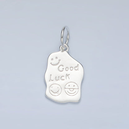 S925 Sterling Silver "Good Luck" Smiley Face Script Abstract Tag Charm | SL-248