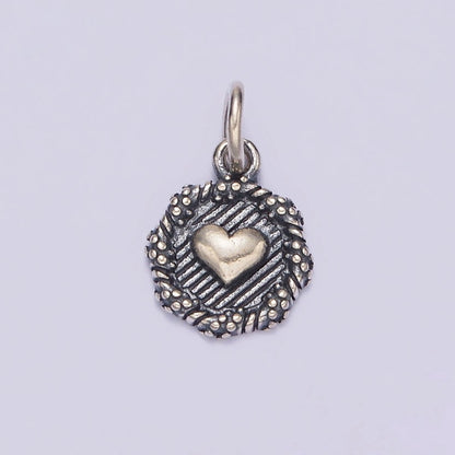 S925 Sterling Silver Heart Line-Textured Dot Braided Round Stamped Charm | SL-356
