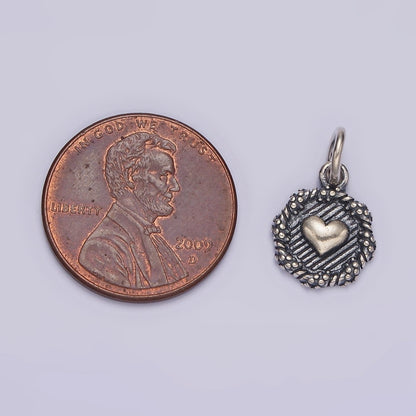 S925 Sterling Silver Heart Line-Textured Dot Braided Round Stamped Charm | SL-356