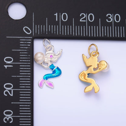 S925 Sterling Silver Mermaid Pearl CZ Enamel Charm in Gold &amp; Silver | SL-626 SL-625
