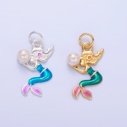 S925 Sterling Silver Mermaid Pearl CZ Enamel Charm in Gold &amp; Silver | SL-626 SL-625