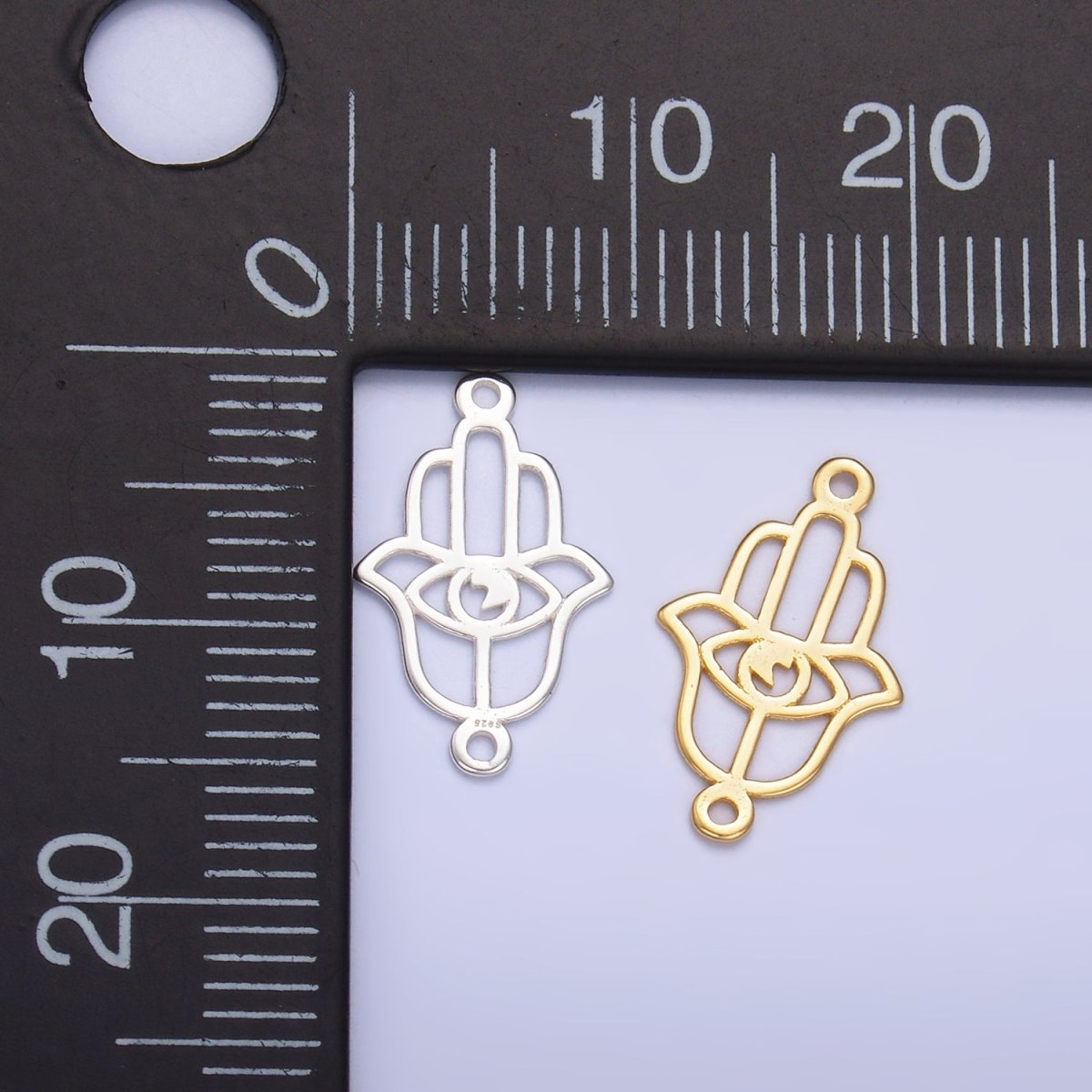 S925 Sterling Silver 9mm Open Evil Eye Hamsa Hand Connector in Gold &amp; Silver | SL-620