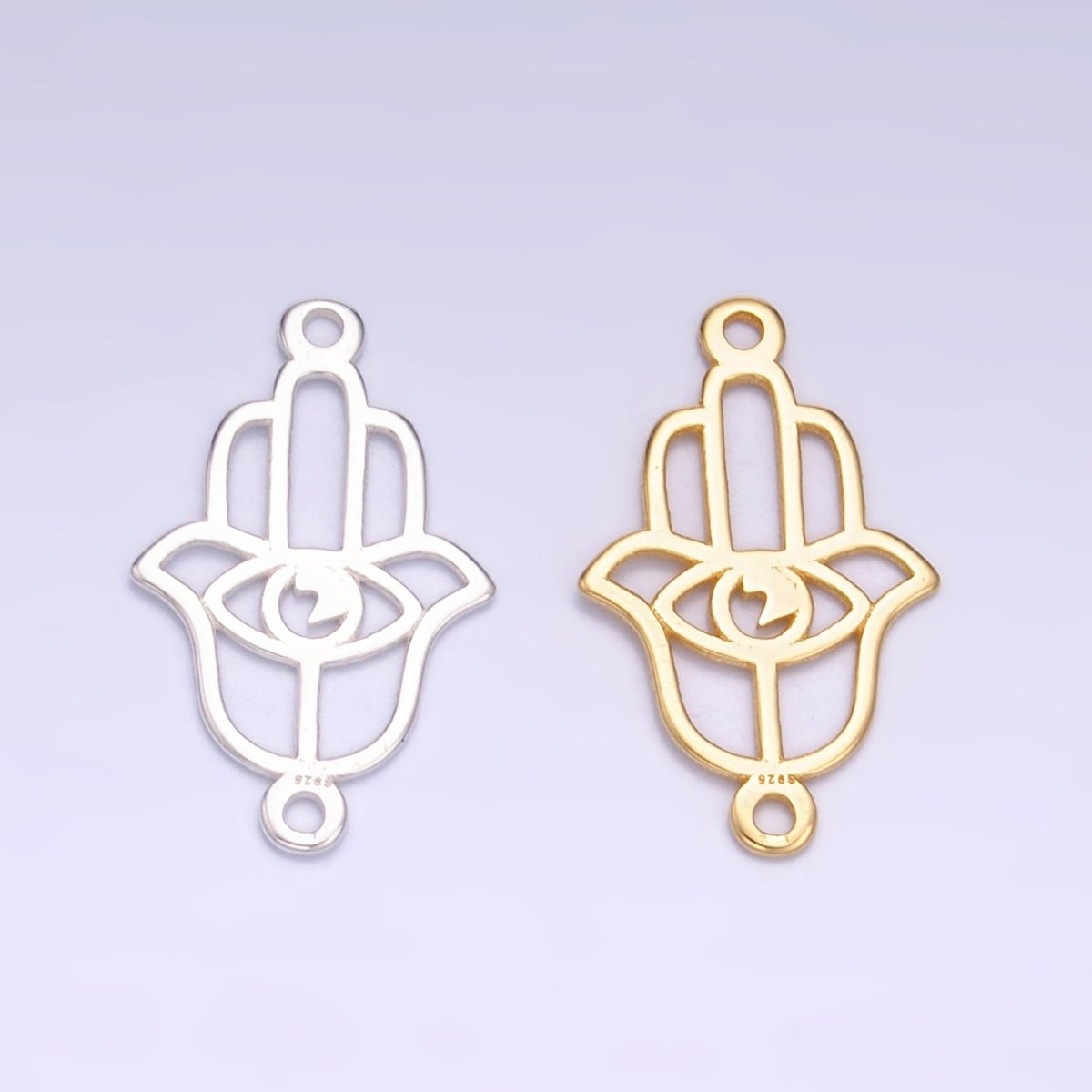 S925 Sterling Silver 9mm Open Evil Eye Hamsa Hand Connector in Gold &amp; Silver | SL-620