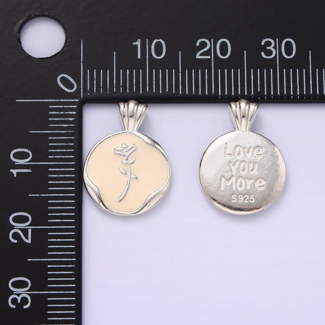 S925 Sterling Silver Rose Flower White Enamel "Love You More" Script Stamped Round Pendant | SL-419