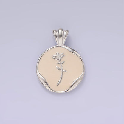 S925 Sterling Silver Rose Flower White Enamel "Love You More" Script Stamped Round Pendant | SL-419