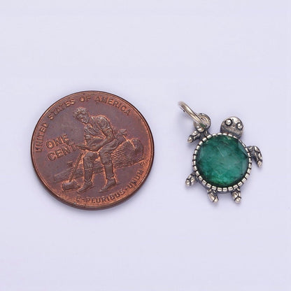 S925 Sterling Silver Round Green Multifaceted CZ Turtle Shell Animal Charm | SL-353