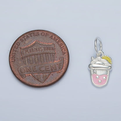 S925 Sterling Silver Strawberry Boba Milk Tea Drink Enamel Charm | SL-504