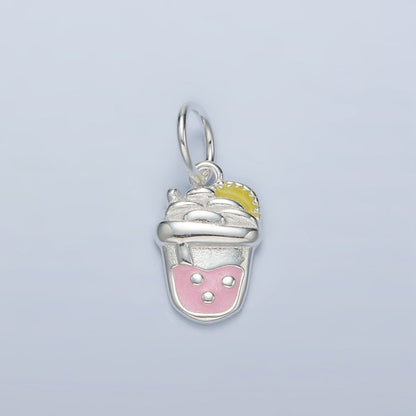 S925 Sterling Silver Strawberry Boba Milk Tea Drink Enamel Charm | SL-504