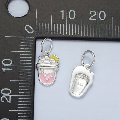 S925 Sterling Silver Strawberry Boba Milk Tea Drink Enamel Charm | SL-504