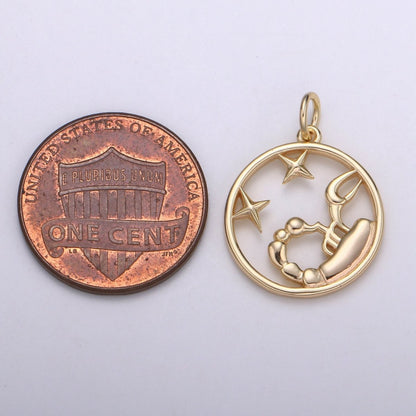S925 Sterling Silver Zodiac Horoscope Gold Vermeil Open Round Charm | A-A1827-A-A1832
