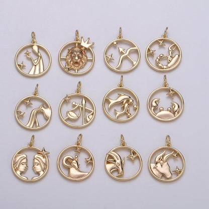 S925 Sterling Silver Zodiac Horoscope Gold Vermeil Open Round Charm | A-A1827-A-A1832