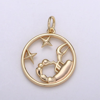 S925 Sterling Silver Zodiac Horoscope Gold Vermeil Open Round Charm | A-A1827-A-A1832