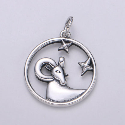S925 Sterling Silver Zodiac Horoscope Silver Open Round Charm | A-A1833-A-A1838