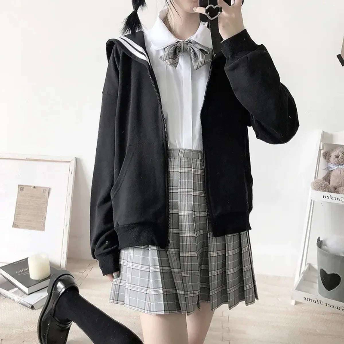 Black Sailor Collar Hoodie – Kawaii Preppy Lolita Sweatshirt