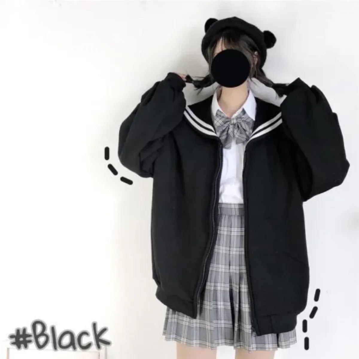 Black Sailor Collar Hoodie – Kawaii Preppy Lolita Sweatshirt