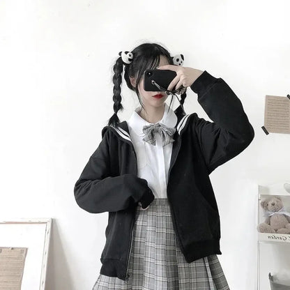 Black Sailor Collar Hoodie – Kawaii Preppy Lolita Sweatshirt
