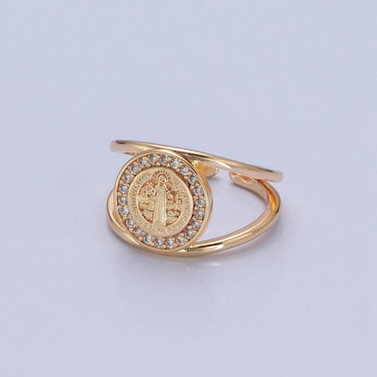 Saint Benedict Ring Gold Statement Religious Jewelry Open Adjustable Ring O-746