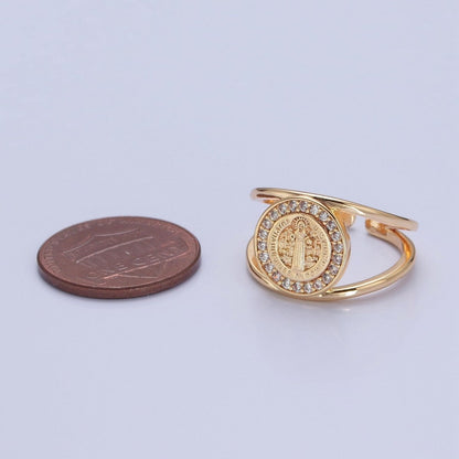 Saint Benedict Ring Gold Statement Religious Jewelry Open Adjustable Ring O-746