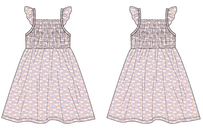 Lavender Rainbows and Clouds Smocked Vintage Dress