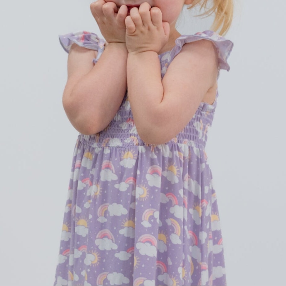 Lavender Rainbows and Clouds Smocked Vintage Dress