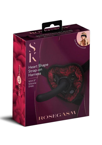 Secret Kisses Rosegasm Heart Shape Strap-On Harness Dildo Satin Blindfold