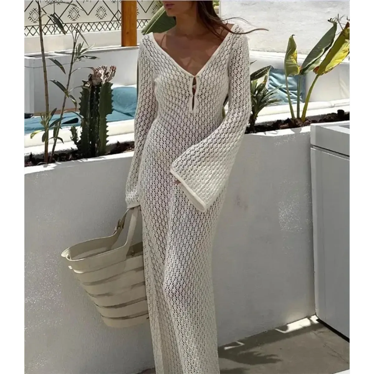 Sexy Women Long Knit Beach Dress Hollow-Out Deep V-Neck Long Sleeve Bikini Cover-Ups Dress Fall Backless Holiday Dress