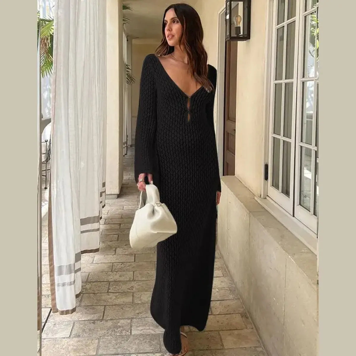 Sexy Women Long Knit Beach Dress Hollow-Out Deep V-Neck Long Sleeve Bikini Cover-Ups Dress Fall Backless Holiday Dress