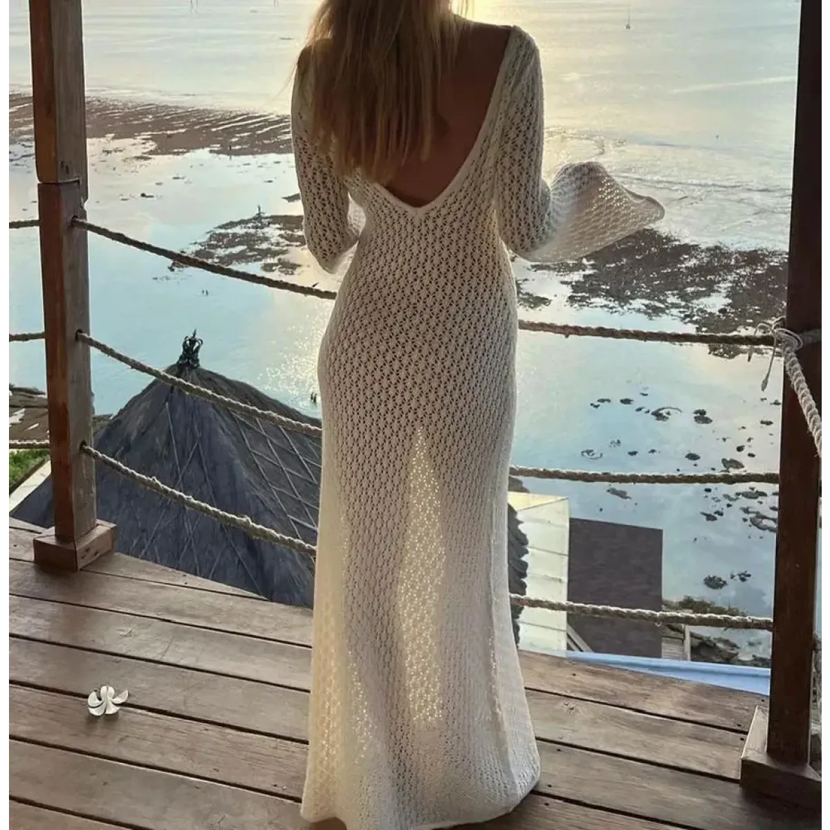 Sexy Women Long Knit Beach Dress Hollow-Out Deep V-Neck Long Sleeve Bikini Cover-Ups Dress Fall Backless Holiday Dress