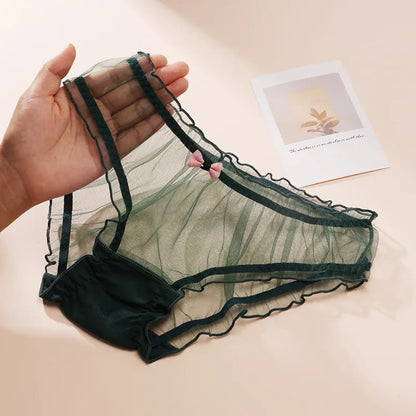 Sheer Lace Mesh Low Waist Panties with Bows – Sexy Transparent Lingerie
