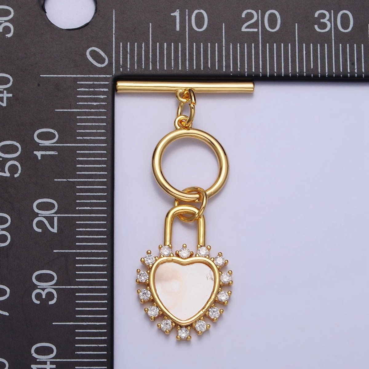 Shell Pearl Clear CZ Heart Padlock Dangle Toggle Clasps Jewelry Closure Supply in Silver &amp; Gold | Z-066 Z-067