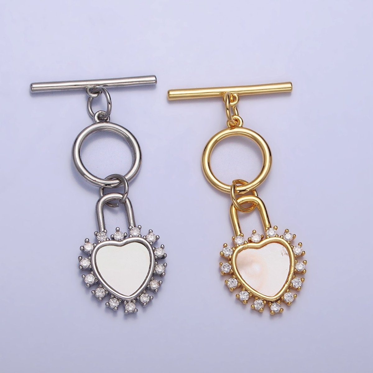 Shell Pearl Clear CZ Heart Padlock Dangle Toggle Clasps Jewelry Closure Supply in Silver &amp; Gold | Z-066 Z-067