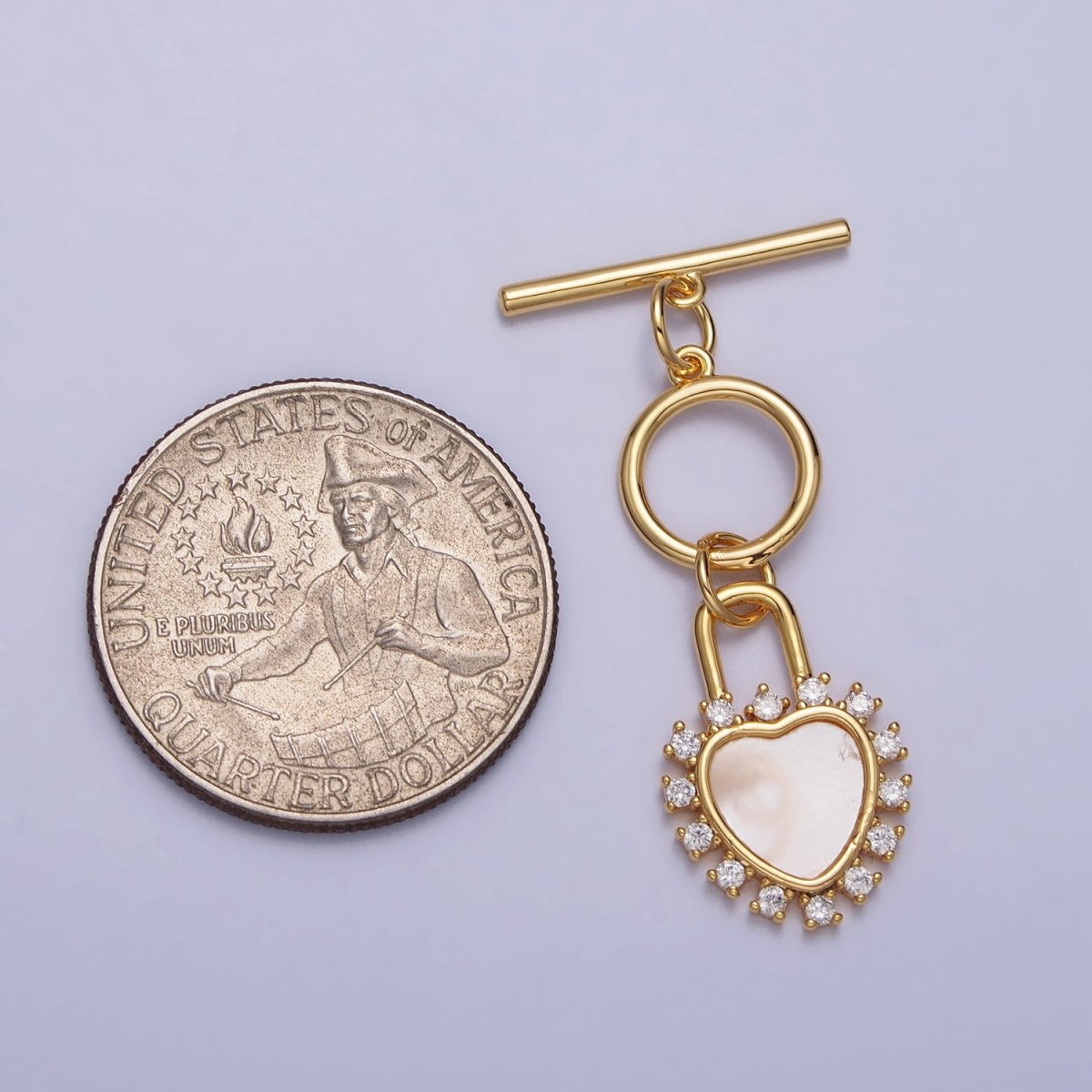 Shell Pearl Clear CZ Heart Padlock Dangle Toggle Clasps Jewelry Closure Supply in Silver &amp; Gold | Z-066 Z-067