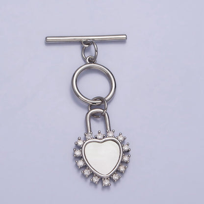 Shell Pearl Clear CZ Heart Padlock Dangle Toggle Clasps Jewelry Closure Supply in Silver &amp; Gold | Z-066 Z-067