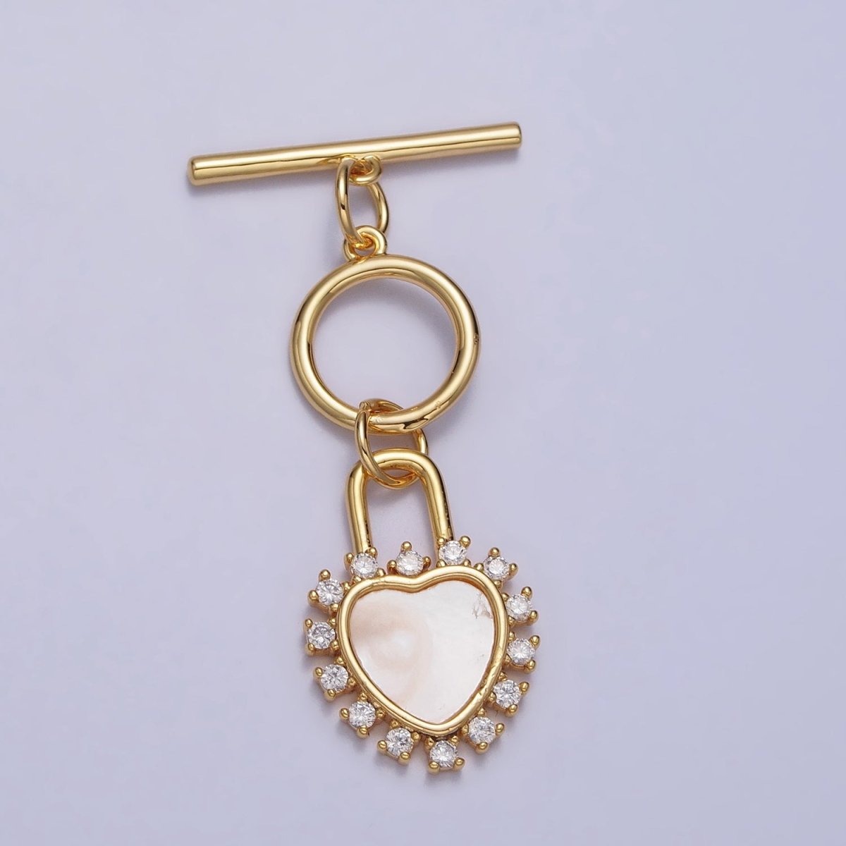 Shell Pearl Clear CZ Heart Padlock Dangle Toggle Clasps Jewelry Closure Supply in Silver &amp; Gold | Z-066 Z-067