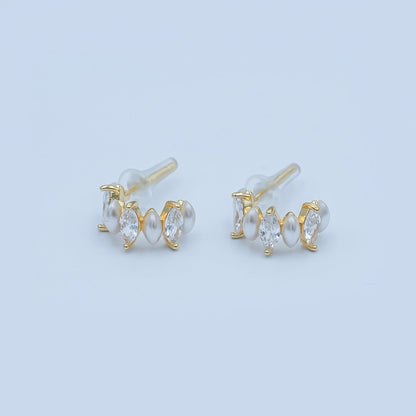 Shell Pearl Clear CZ Marquise 15mm C-Shaped Hoop Earrings in Gold &amp; Silver | AD1231 AD1260