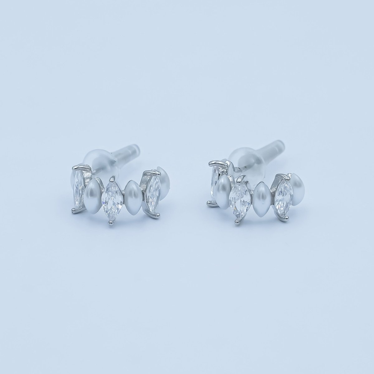 Shell Pearl Clear CZ Marquise 15mm C-Shaped Hoop Earrings in Gold &amp; Silver | AD1231 AD1260