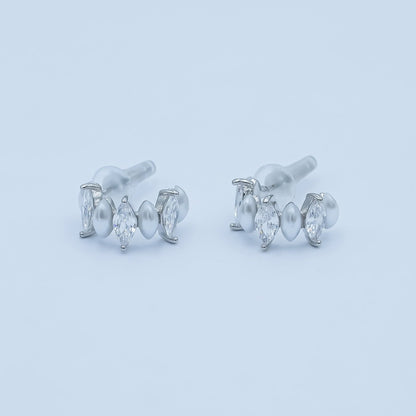 Shell Pearl Clear CZ Marquise 15mm C-Shaped Hoop Earrings in Gold &amp; Silver | AD1231 AD1260