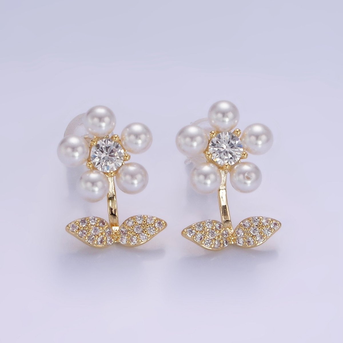 Shell Pearl Flower Micro Paved CZ Leaf Nature Stud Earrings in Gold &amp; Silver | V504 V505